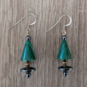 Sterling Silver 925 Vintage Boho Malachite Dangle Earrings